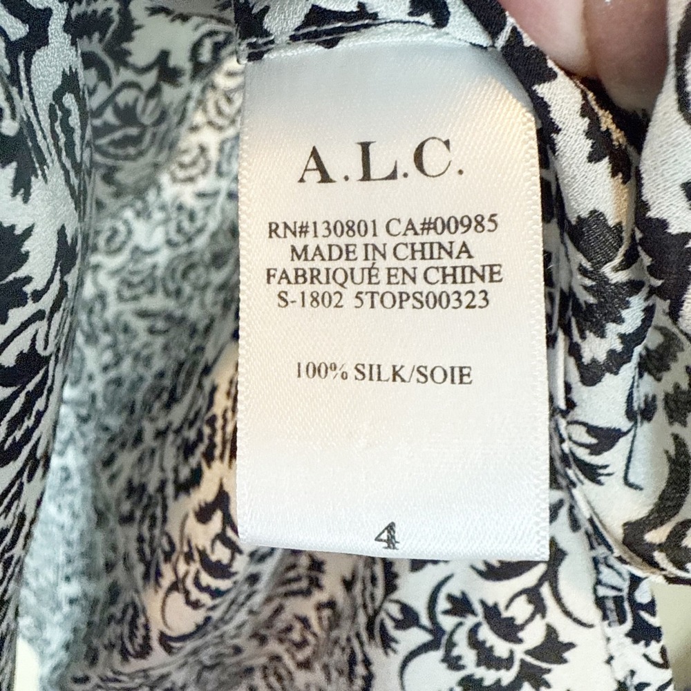 A.L.C. Ray Silk Women's Black White Floral Print Long Sleeve Wrap Blouse Size 4 - Picture 7 of 7